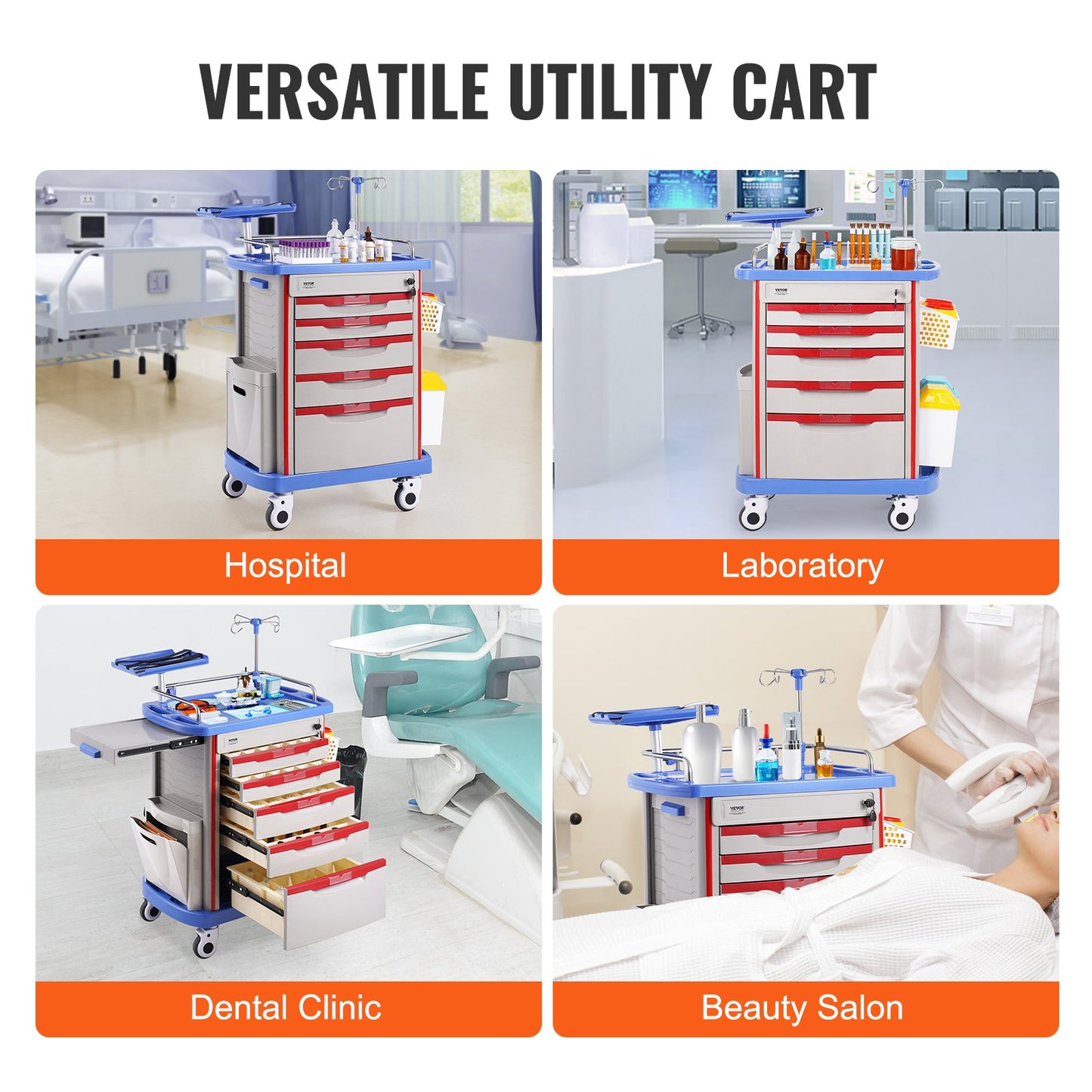 5 Tiers Lab Carts Mobile Medical Cart with 5 Drawers &amp; 2 Trash Cans Blue