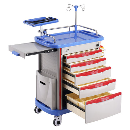 5 Tiers Lab Carts Mobile Medical Cart with 5 Drawers &amp; 2 Trash Cans Blue