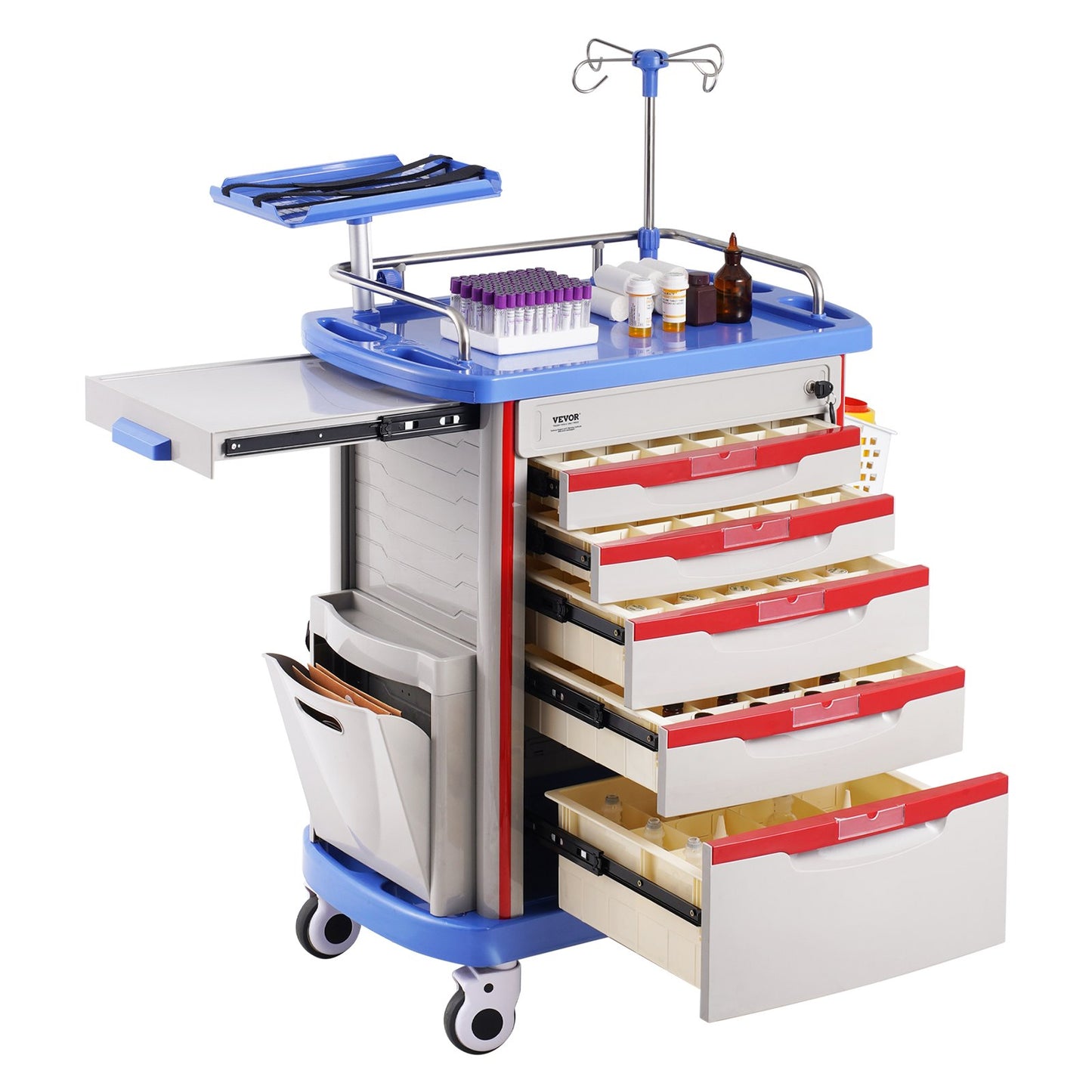 5 Tiers Lab Carts Mobile Medical Cart with 5 Drawers &amp; 2 Trash Cans Blue
