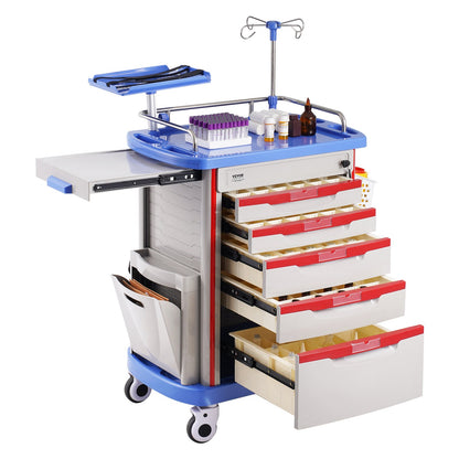 5 Tiers Lab Carts Mobile Medical Cart with 5 Drawers &amp; 2 Trash Cans Blue