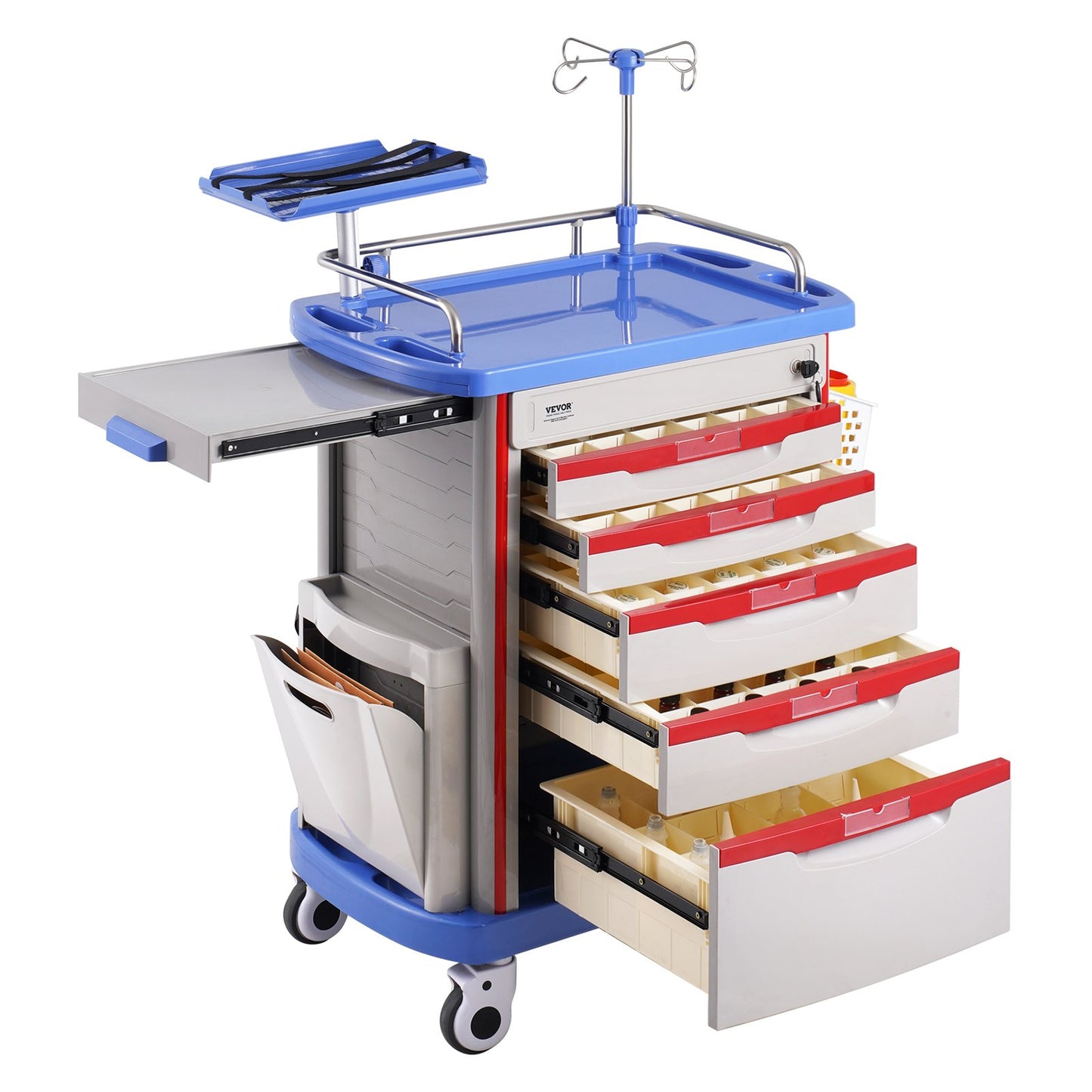 5 Tiers Lab Carts Mobile Medical Cart with 5 Drawers &amp; 2 Trash Cans Blue