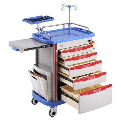 5 Tiers Lab Carts Mobile Medical Cart with 5 Drawers &amp; 2 Trash Cans Blue