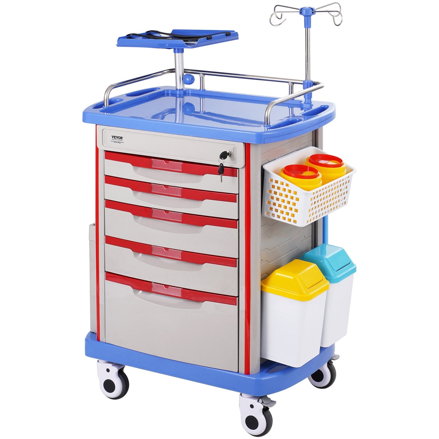 5 Tiers Lab Carts Mobile Medical Cart with 5 Drawers &amp; 2 Trash Cans Blue