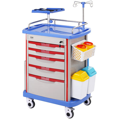 5 Tiers Lab Carts Mobile Medical Cart with 5 Drawers &amp; 2 Trash Cans Blue