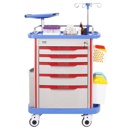 5 Tiers Lab Carts Mobile Medical Cart with 5 Drawers &amp; 2 Trash Cans Blue