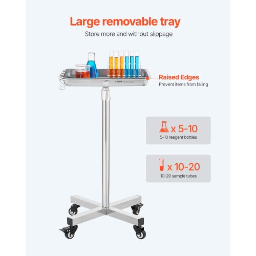 Mayo Stand, Stainless Steel Mayo Tray, Load Capacity up to 35 lbs, Adjustable Height 25.2"-39.8", Medical Tray on Wheels with Removable Tray for Spa, Salon, Clinic, Personal Care