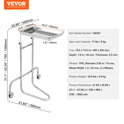 Stainless Steel Lab Cart with Single Tray and 2 Silent Wheels for Lab Clinic