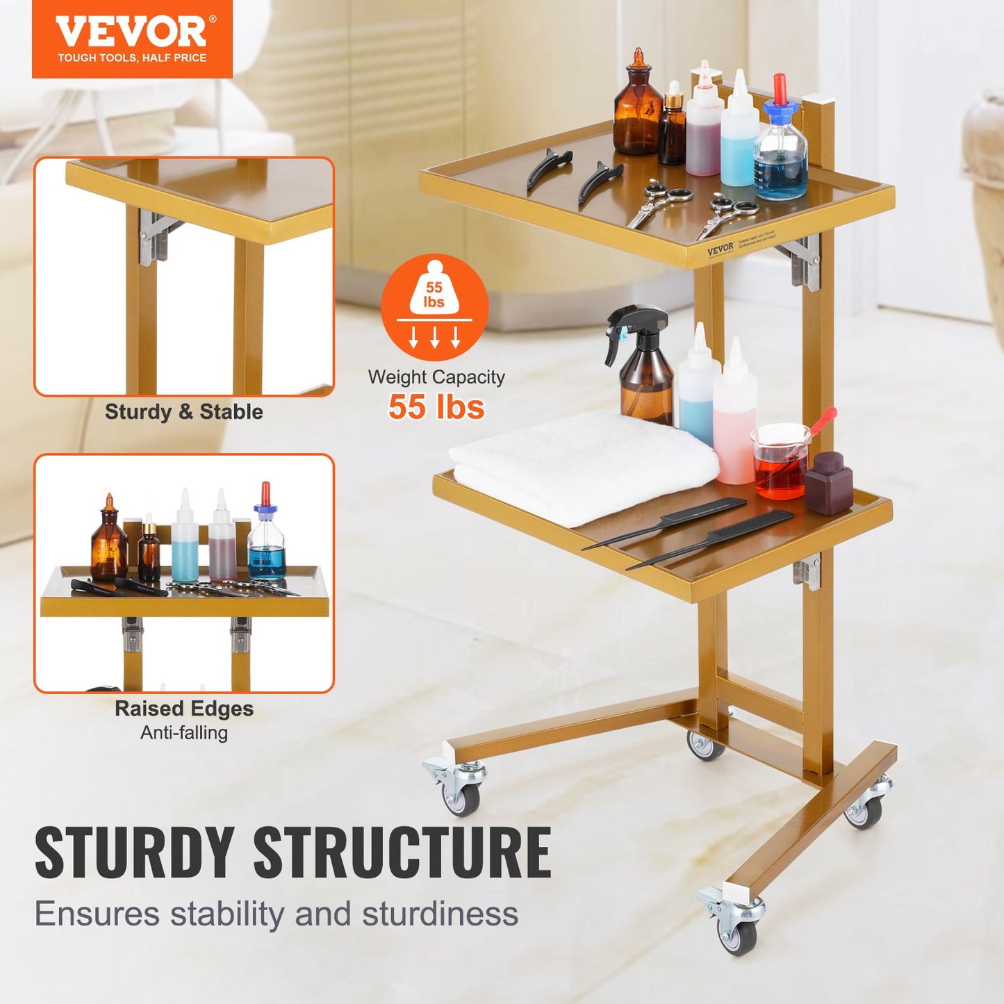 2-Tier Stainless Steel Lab Carts with 2 Trays and 4 Silent Wheels Golden