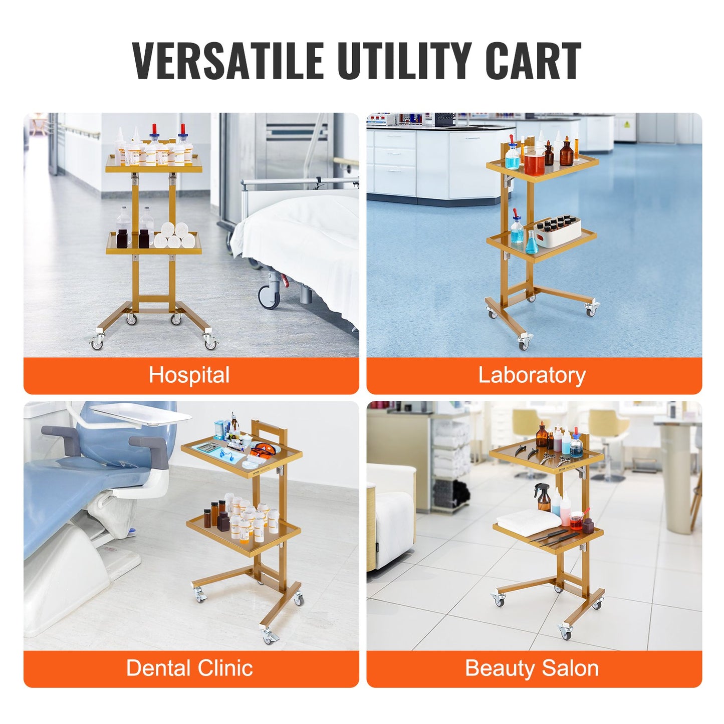 2-Tier Stainless Steel Lab Carts with 2 Trays and 4 Silent Wheels Golden