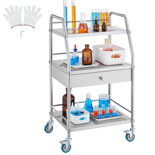Service Cart, 3 Layers Stainless Steel Utility Rolling Cart, Medical Cart with Drawer, Dental Utility Cart with Lockable Wheels, Ideal for Laboratory, Hospital, Dental Use