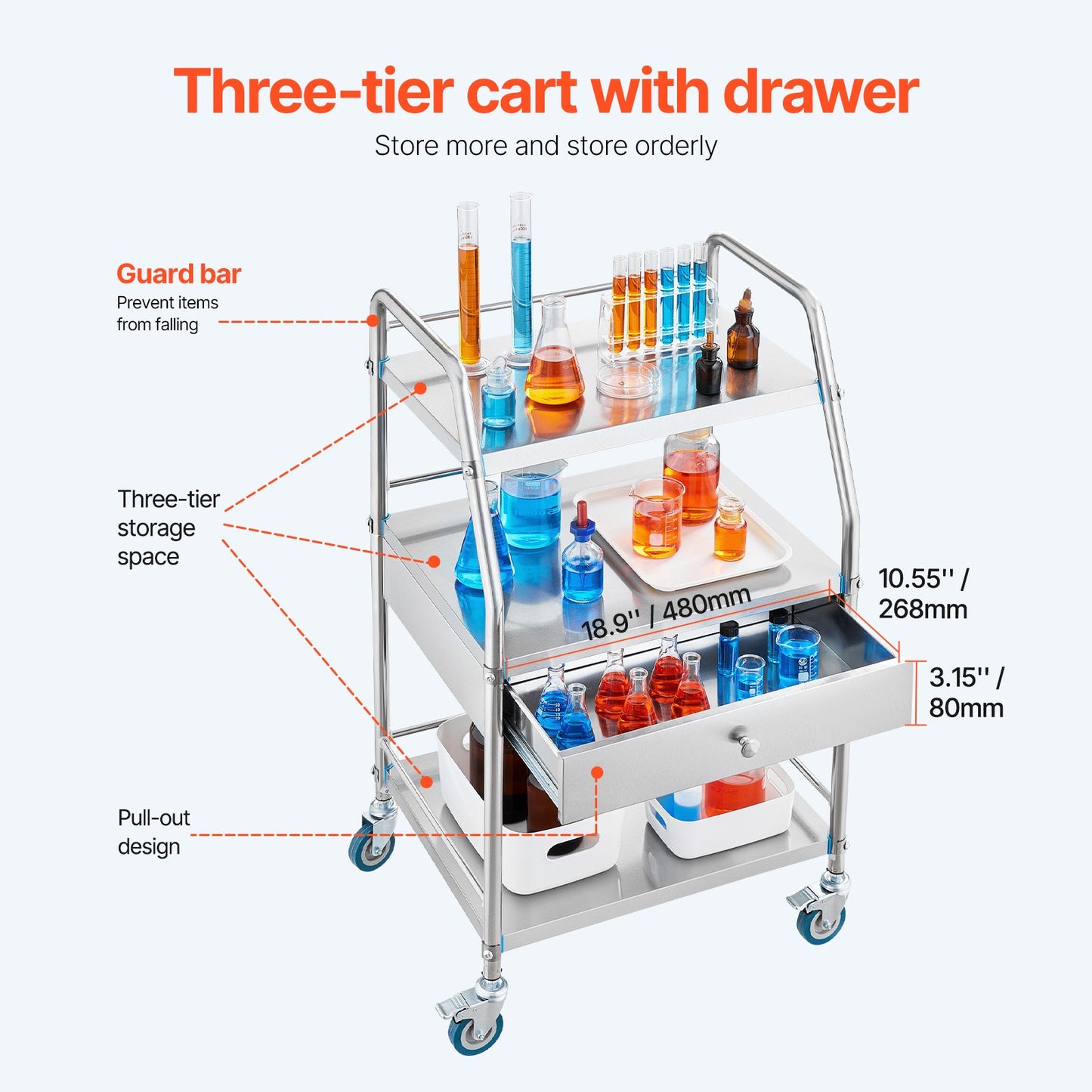 Service Cart, 3 Layers Stainless Steel Utility Rolling Cart, Medical Cart with Drawer, Dental Utility Cart with Lockable Wheels, Ideal for Laboratory, Hospital, Dental Use