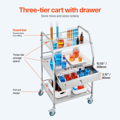 Service Cart, 3 Layers Stainless Steel Utility Rolling Cart, Medical Cart with Drawer, Dental Utility Cart with Lockable Wheels, Ideal for Laboratory, Hospital, Dental Use