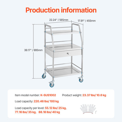 Service Cart, 3 Layers Stainless Steel Utility Rolling Cart, Medical Cart with Drawer, Dental Utility Cart with Lockable Wheels, Ideal for Laboratory, Hospital, Dental Use