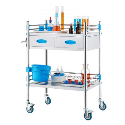 Service Cart, 2 Layers Stainless Steel Utility Rolling Cart, Medical Cart with Two Drawers, Dental Utility Cart with Lockable Wheels and A Bucket, Ideal for Laboratory, Hospital, Dental Use