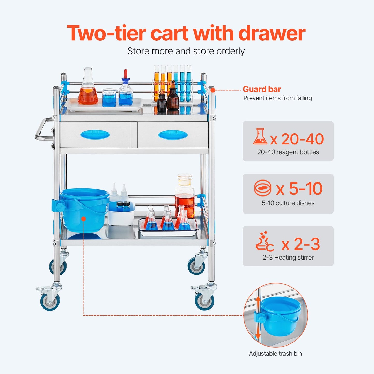 Service Cart, 2 Layers Stainless Steel Utility Rolling Cart, Medical Cart with Two Drawers, Dental Utility Cart with Lockable Wheels and A Bucket, Ideal for Laboratory, Hospital, Dental Use