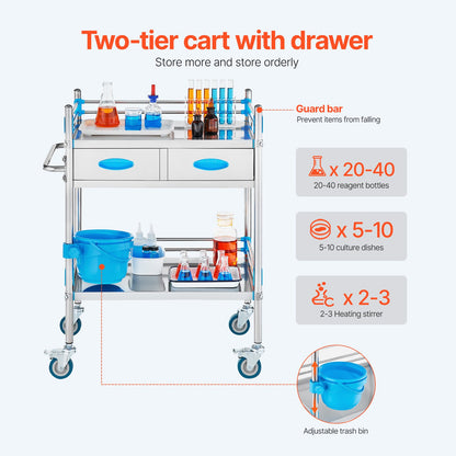 Service Cart, 2 Layers Stainless Steel Utility Rolling Cart, Medical Cart with Two Drawers, Dental Utility Cart with Lockable Wheels and A Bucket, Ideal for Laboratory, Hospital, Dental Use