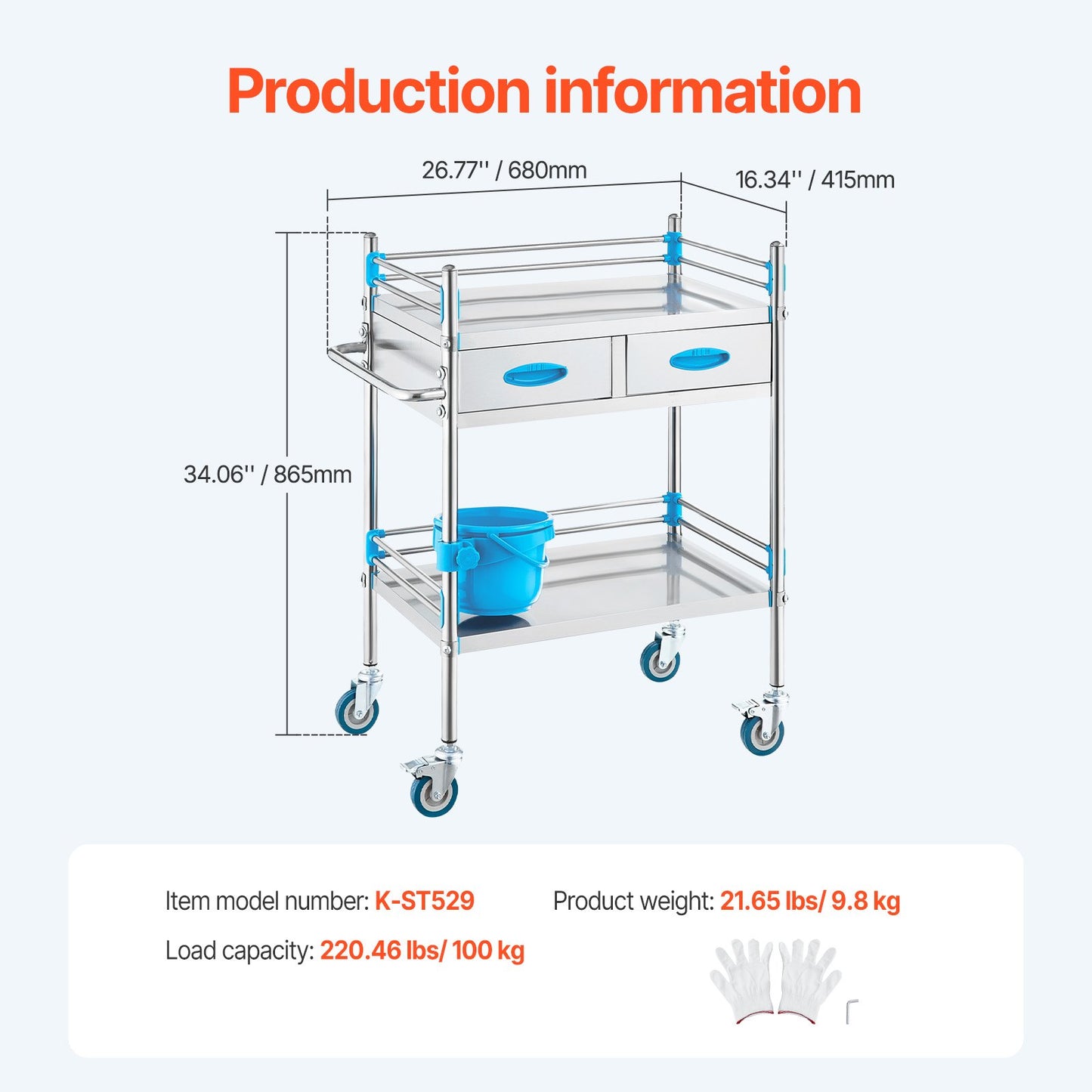 Service Cart, 2 Layers Stainless Steel Utility Rolling Cart, Medical Cart with Two Drawers, Dental Utility Cart with Lockable Wheels and A Bucket, Ideal for Laboratory, Hospital, Dental Use