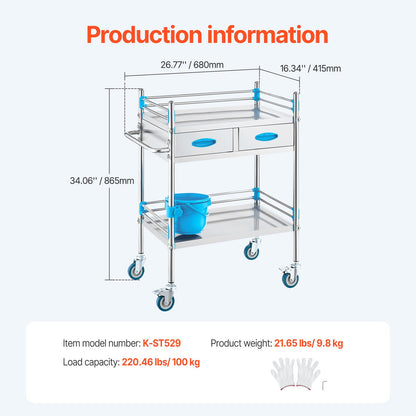 Service Cart, 2 Layers Stainless Steel Utility Rolling Cart, Medical Cart with Two Drawers, Dental Utility Cart with Lockable Wheels and A Bucket, Ideal for Laboratory, Hospital, Dental Use