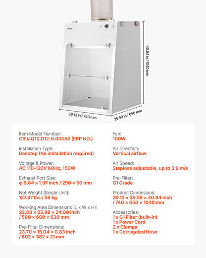 Ducted Fume Hood, 22.83 x 25.98 x 24.80 inch Working Area, Lab Fume Hood with LED Light and G1 Pre-Filter, Exhaust Equipment for Laboratory Fume Control and Pharmaceutical Compounding, White