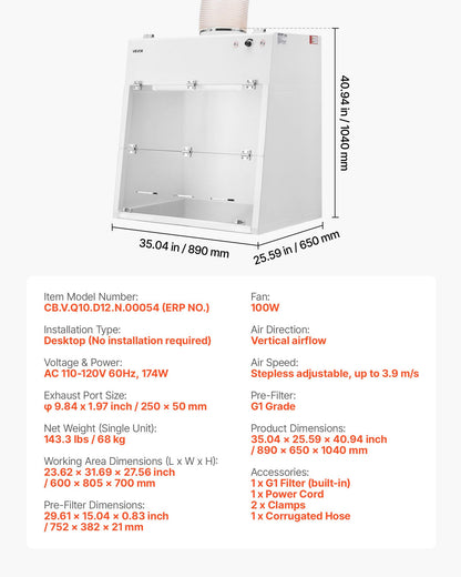 Ducted Fume Hood, 23.62 x 31.69 x 27.56 inch Working Area, Lab Fume Hood with LED Light and G1 Pre-Filter, Exhaust Equipment for Laboratory Fume Control and Pharmaceutical Compounding, White
