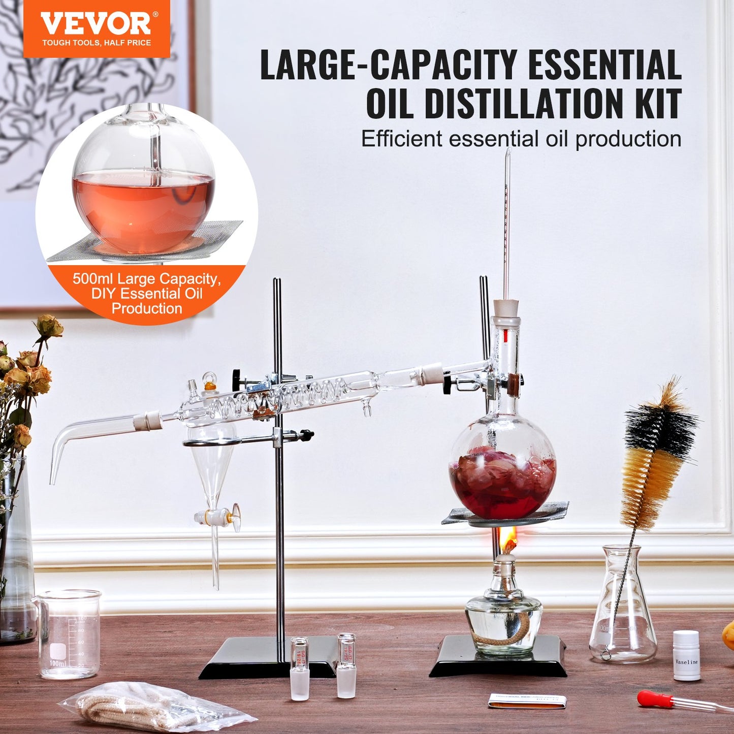 Essential Oil Distillation Kit, 500ml Distillation Apparatus, 3.3 Boro Lab Glassware Distillation Kit with Alcohol Lamp, Ceramic Mesh and 24, 40 Joints, 28 pcs.