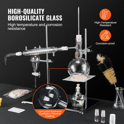 Essential Oil Distillation Kit, 500ml Distillation Apparatus, 3.3 Boro Lab Glassware Distillation Kit with Alcohol Lamp, Ceramic Mesh and 24, 40 Joints, 28 pcs.