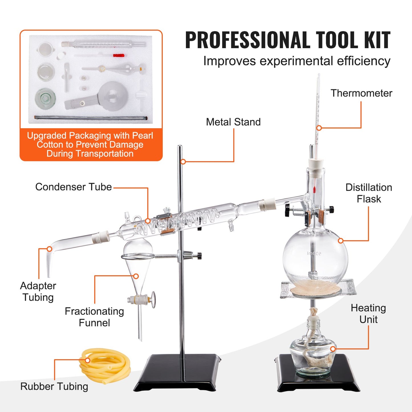 Essential Oil Distillation Kit, 500ml Distillation Apparatus, 3.3 Boro Lab Glassware Distillation Kit with Alcohol Lamp, Ceramic Mesh and 24, 40 Joints, 28 pcs.