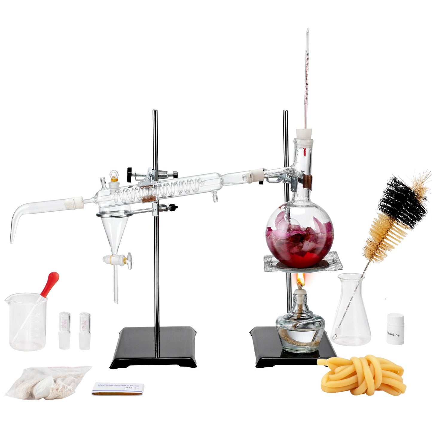 Essential Oil Distillation Kit, 500ml Distillation Apparatus, 3.3 Boro Lab Glassware Distillation Kit with Alcohol Lamp, Ceramic Mesh and 24, 40 Joints, 28 pcs.