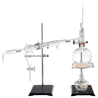 Essential Oil Distillation Kit, 500ml Distillation Apparatus, 3.3 Boro Lab Glassware Distillation Kit with Alcohol Lamp, Ceramic Mesh and 24, 40 Joints, 28 pcs.