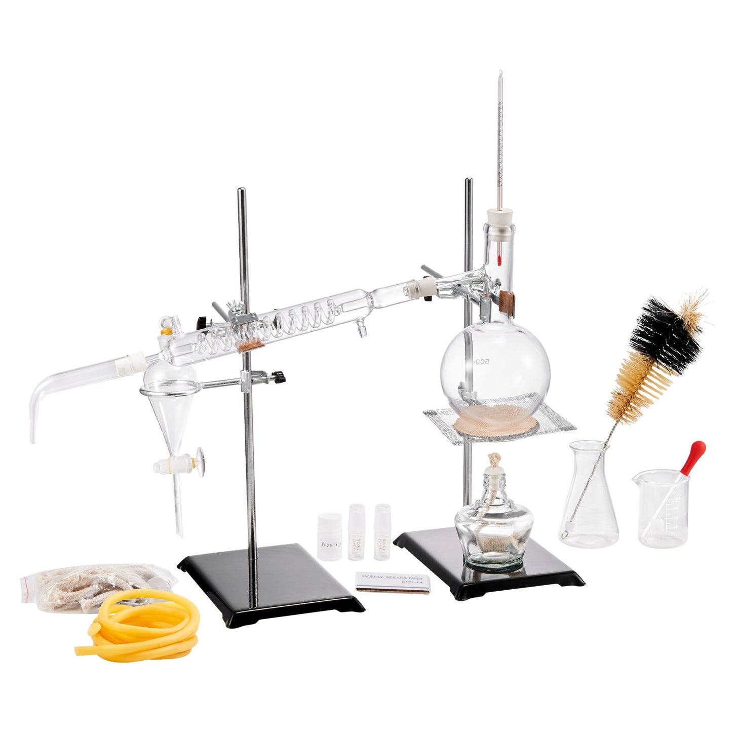 Essential Oil Distillation Kit, 500ml Distillation Apparatus, 3.3 Boro Lab Glassware Distillation Kit with Alcohol Lamp, Ceramic Mesh and 24, 40 Joints, 28 pcs.