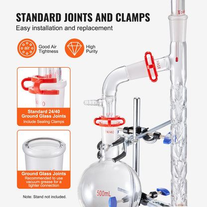 Lab Distillation Kit, 3.3 Boro Lab Glass Distillation Kit with 24, 40 Joints, 1000ml Essential Oil Distillation Equipment, 14pcs Glassware Set
