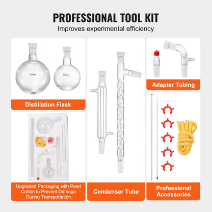 Lab Distillation Kit, 3.3 Boro Lab Glass Distillation Kit with 24, 40 Joints, 1000ml Essential Oil Distillation Equipment, 14pcs Glassware Set