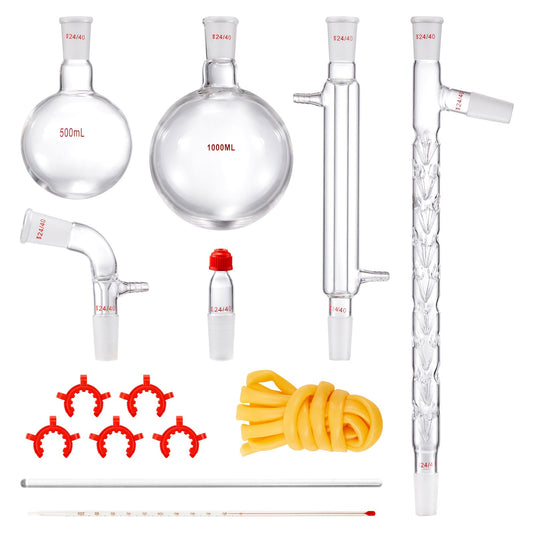 Lab Distillation Kit, 3.3 Boro Lab Glass Distillation Kit with 24, 40 Joints, 1000ml Essential Oil Distillation Equipment, 14pcs Glassware Set