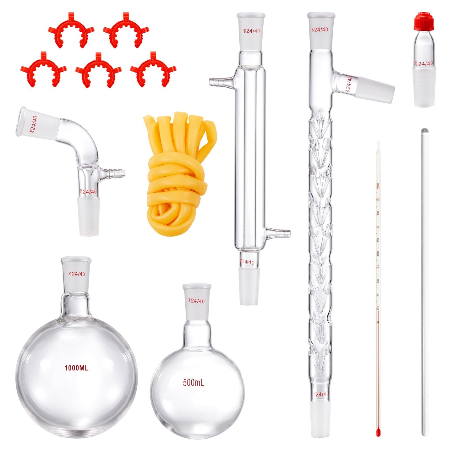 Lab Distillation Kit, 3.3 Boro Lab Glass Distillation Kit with 24, 40 Joints, 1000ml Essential Oil Distillation Equipment, 14pcs Glassware Set