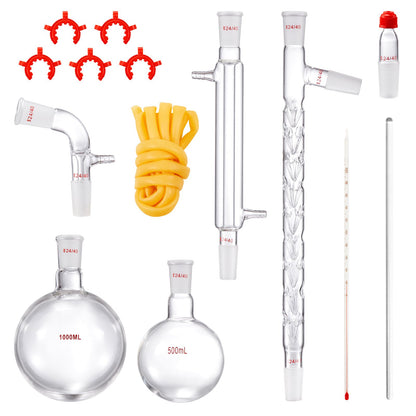 Lab Distillation Kit, 3.3 Boro Lab Glass Distillation Kit with 24, 40 Joints, 1000ml Essential Oil Distillation Equipment, 14pcs Glassware Set