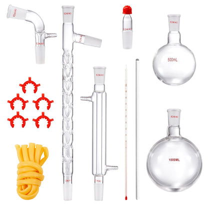Lab Distillation Kit, 3.3 Boro Lab Glass Distillation Kit with 24, 40 Joints, 1000ml Essential Oil Distillation Equipment, 14pcs Glassware Set