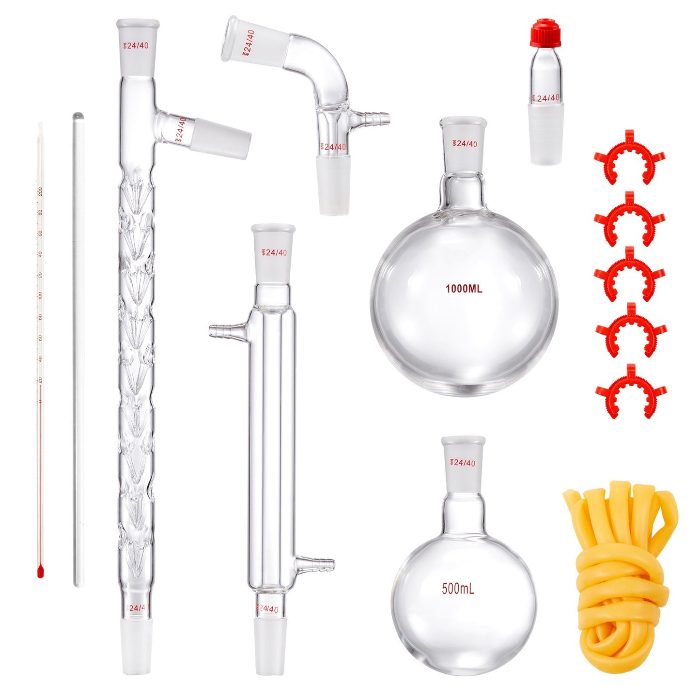 Lab Distillation Kit, 3.3 Boro Lab Glass Distillation Kit with 24, 40 Joints, 1000ml Essential Oil Distillation Equipment, 14pcs Glassware Set