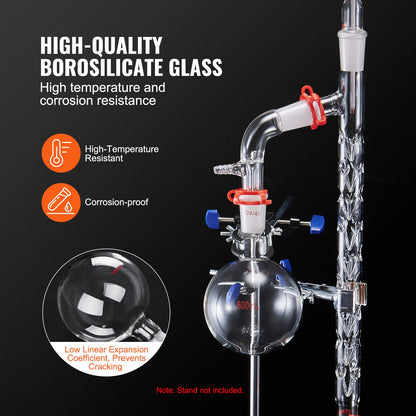 Lab Distillation Kit, 3.3 Boro Lab Glassware Distillation Kit with 24, 40 Joint, 1000ml Essential Oil Distillation Apparatus Kit, 14 pcs Set of Glassware Equipment