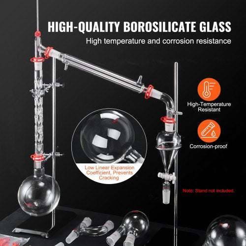 Lab Distillation Kit, 3.3 Boro Lab Glass Distillation Kit with 24, 40 Joints, 1000ml Essential Oil Distillation Equipment, 29pcs Glassware Set | EU