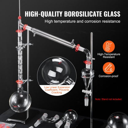 Lab Distillation Kit, 3.3 Boro Lab Glass Distillation Kit with 24, 40 Joints, 1000ml Essential Oil Distillation Equipment, 29pcs Glassware Set | EU