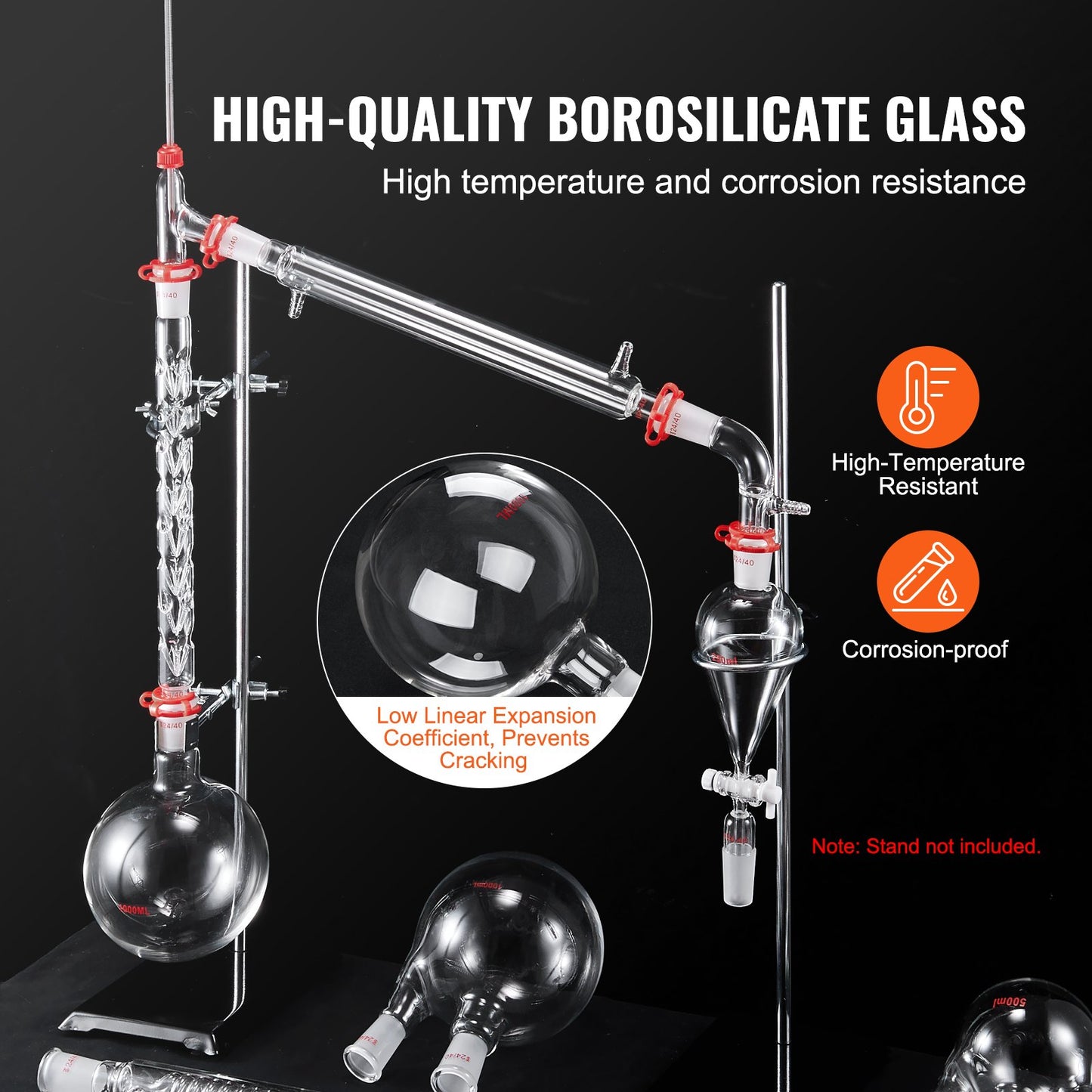 Lab Distillation Kit, 3.3 Boro Lab Glassware Distillation Kit with 24, 40 Joint, 1000ml Essential Oil Distillation Apparatus Kit, 32 pcs Set of Glassware Equipment