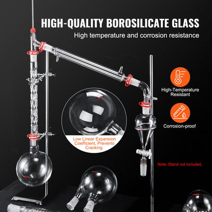 Lab Distillation Kit, 3.3 Boro Lab Glass Distillation Kit with 24, 40 Joints, 1000ml Essential Oil Distillation Equipment, 32pcs Set of Glassware