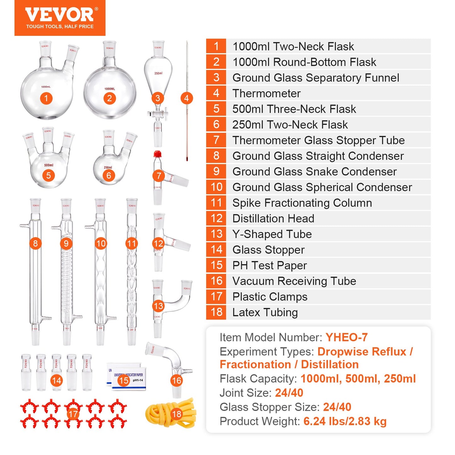 Lab Distillation Kit, 3.3 Boro Lab Glass Distillation Kit with 24, 40 Joints, 1000ml Essential Oil Distillation Equipment, 32pcs Set of Glassware