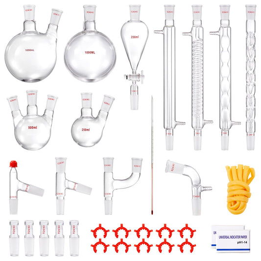 Lab Distillation Kit, 3.3 Boro Lab Glass Distillation Kit with 24, 40 Joints, 1000ml Essential Oil Distillation Equipment, 32pcs Set of Glassware