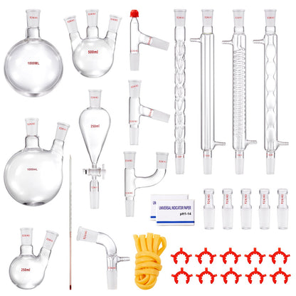 Lab Distillation Kit, 3.3 Boro Lab Glass Distillation Kit with 24, 40 Joints, 1000ml Essential Oil Distillation Equipment, 32pcs Set of Glassware