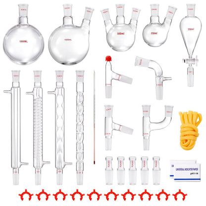 Lab Distillation Kit, 3.3 Boro Lab Glass Distillation Kit with 24, 40 Joints, 1000ml Essential Oil Distillation Equipment, 32pcs Set of Glassware