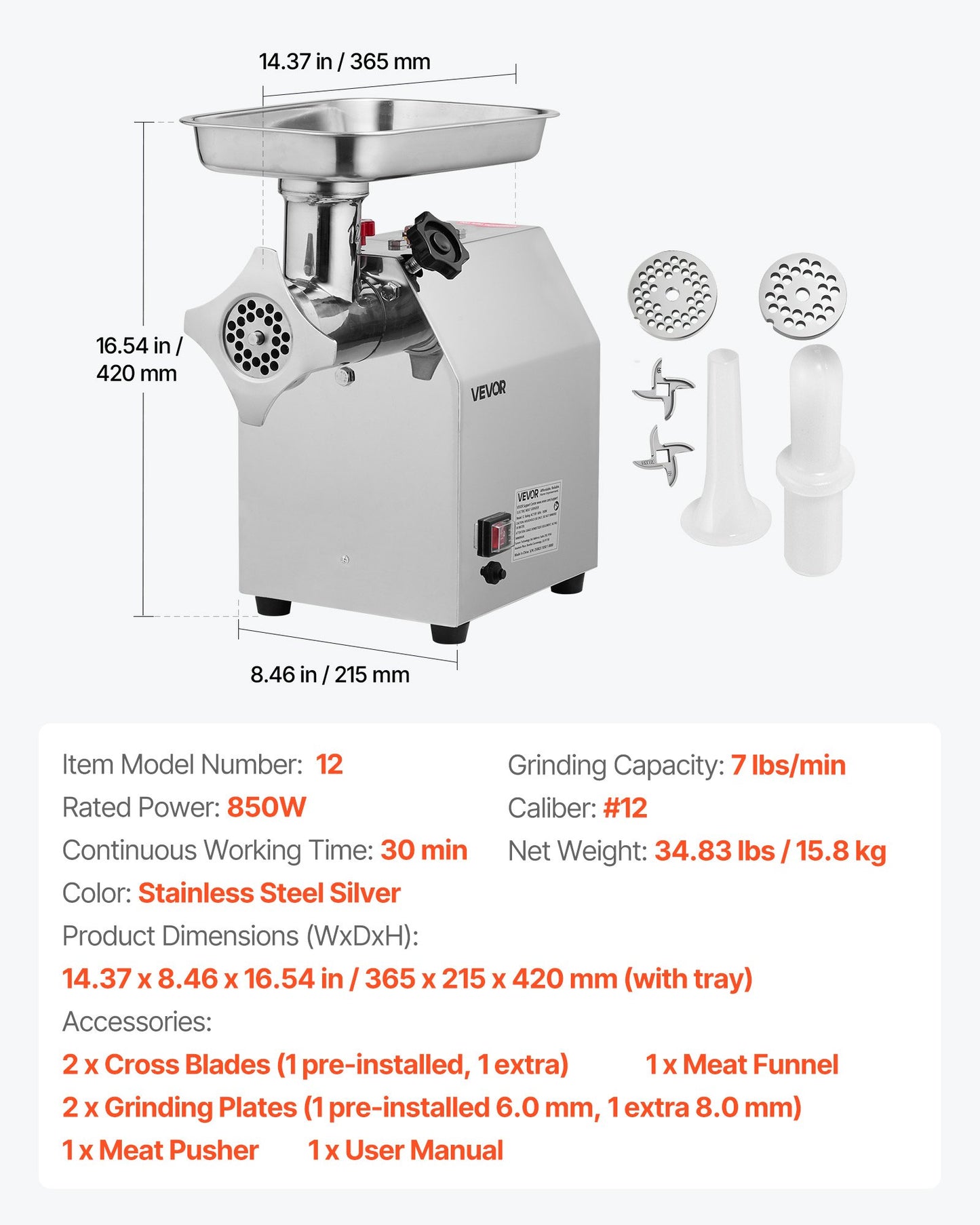Commercial Electric Meat Grinder, 7 lbs/min Capacity, #12 Industrial Meat Mincer with 2 Stainless Steel Blades, 2 Grinding Plates, 850W Heavy-Duty Sausage Maker Stuffer, for Kitchen, Restaurant