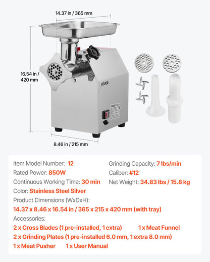 Commercial Electric Meat Grinder, 7 lbs/min Capacity, #12 Industrial Meat Mincer with 2 Stainless Steel Blades, 2 Grinding Plates, 850W Heavy-Duty Sausage Maker Stuffer, for Kitchen, Restaurant
