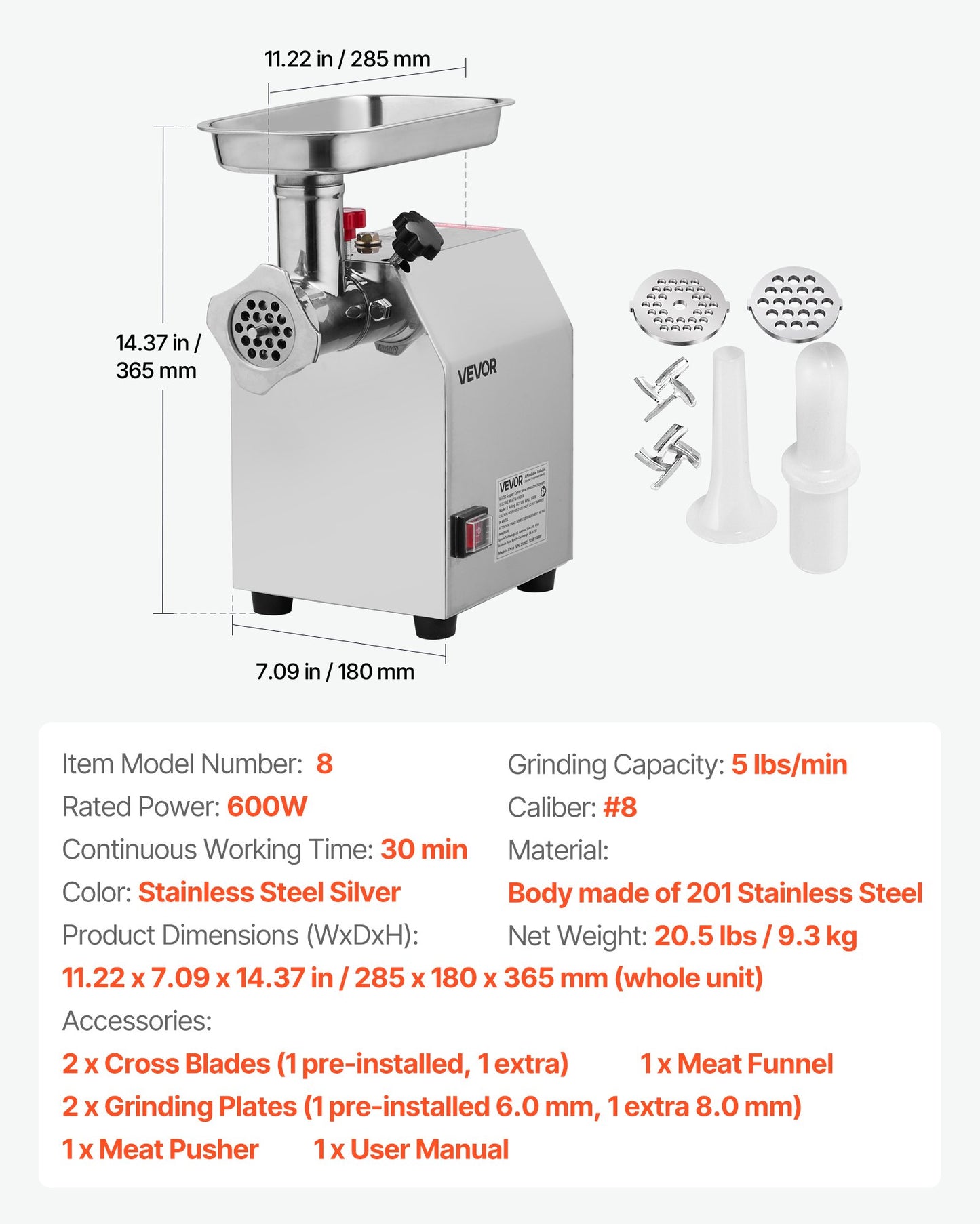 Commercial Electric Meat Grinder, 5 lbs/min Capacity, #8 Industrial Meat Mincer with 2 Stainless Steel Blades, 2 Grinding Plates, 600W Heavy-Duty Sausage Maker Stuffer, for Kitchen, Restaurant