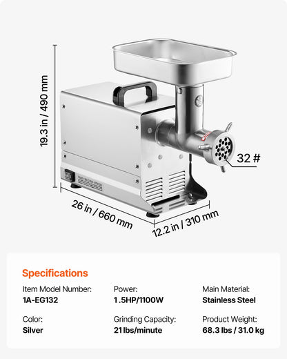 Meat Grinder, 21 Lbs/Min Capacity Electric Meat Grinders with Blade, Grinding Plate, Sausage Maker, Stainless Steel Commercial Meat Mincer for Kitchen Restaurant Butcher Store